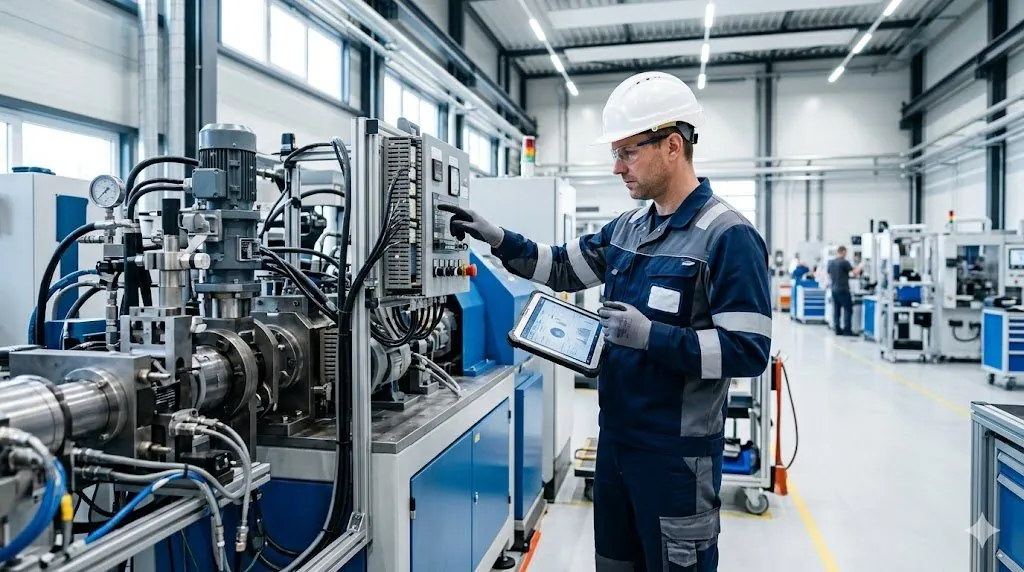 Técnico con equipo de seguridad inspeccionando una máquina con tablet