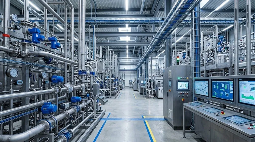 Planta industrial automatizada con tuberías e instrumentación