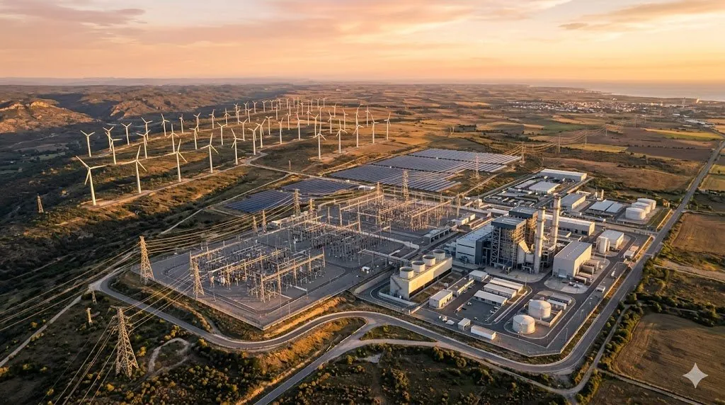 Planta de producción de energía con turbinas y subestaciones