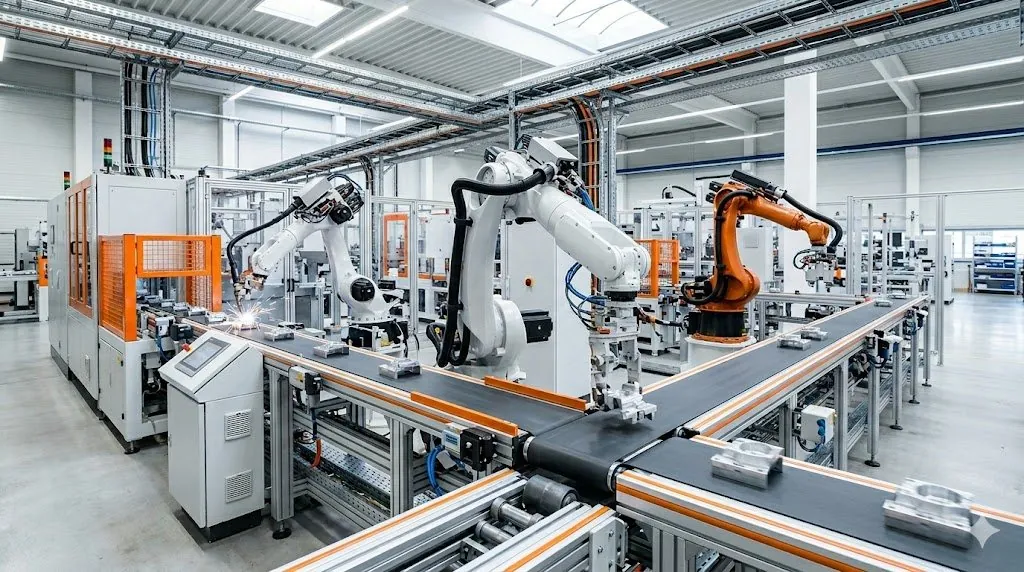 Línea de proceso automatizada con cintas transportadoras y robots