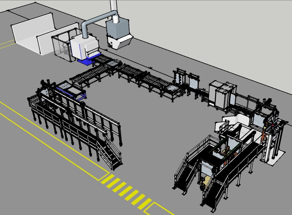 Render de diseño de una instalación estructural con pasarelas y equipos, antes de construirla