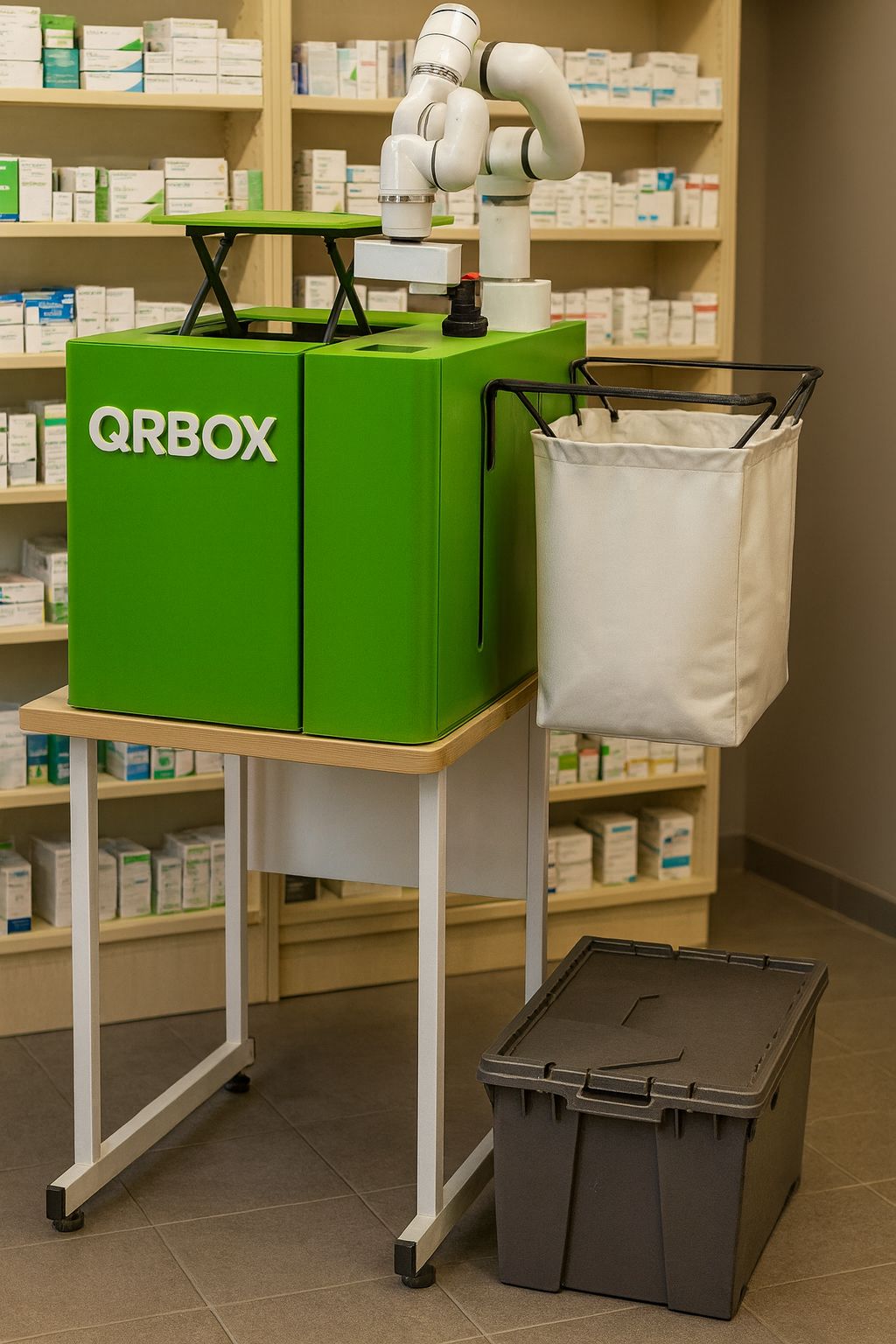 QRBOT en una farmacia: mueble verde con brazo robótico, sacos de salida y estanterías de medicamentos al fondo.