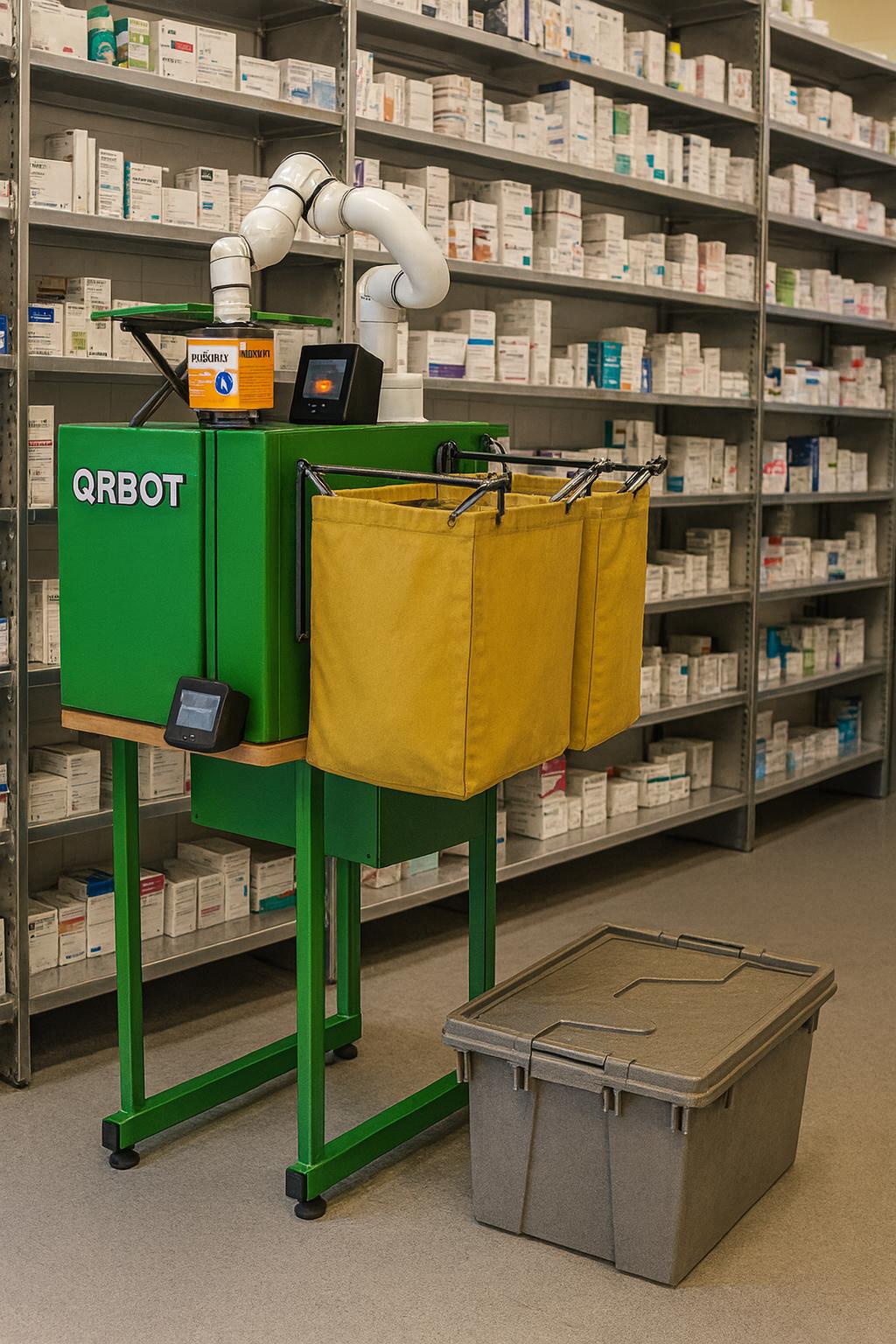 QRBOT con pantalla táctil y dos sacos de salida junto a las estanterías de una farmacia.