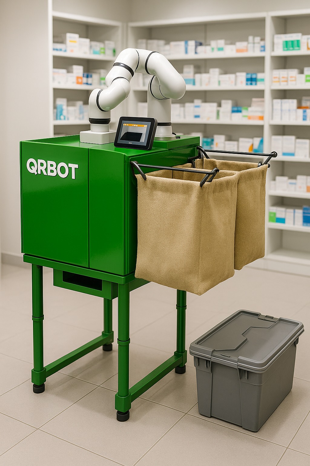 QRBOT con patas regulables y bandeja de envases en la trastienda de una farmacia.